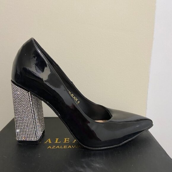 Azalea Wang Shoes - Women Black Patent Chunky Heel Rhinestone Pumps Size 6